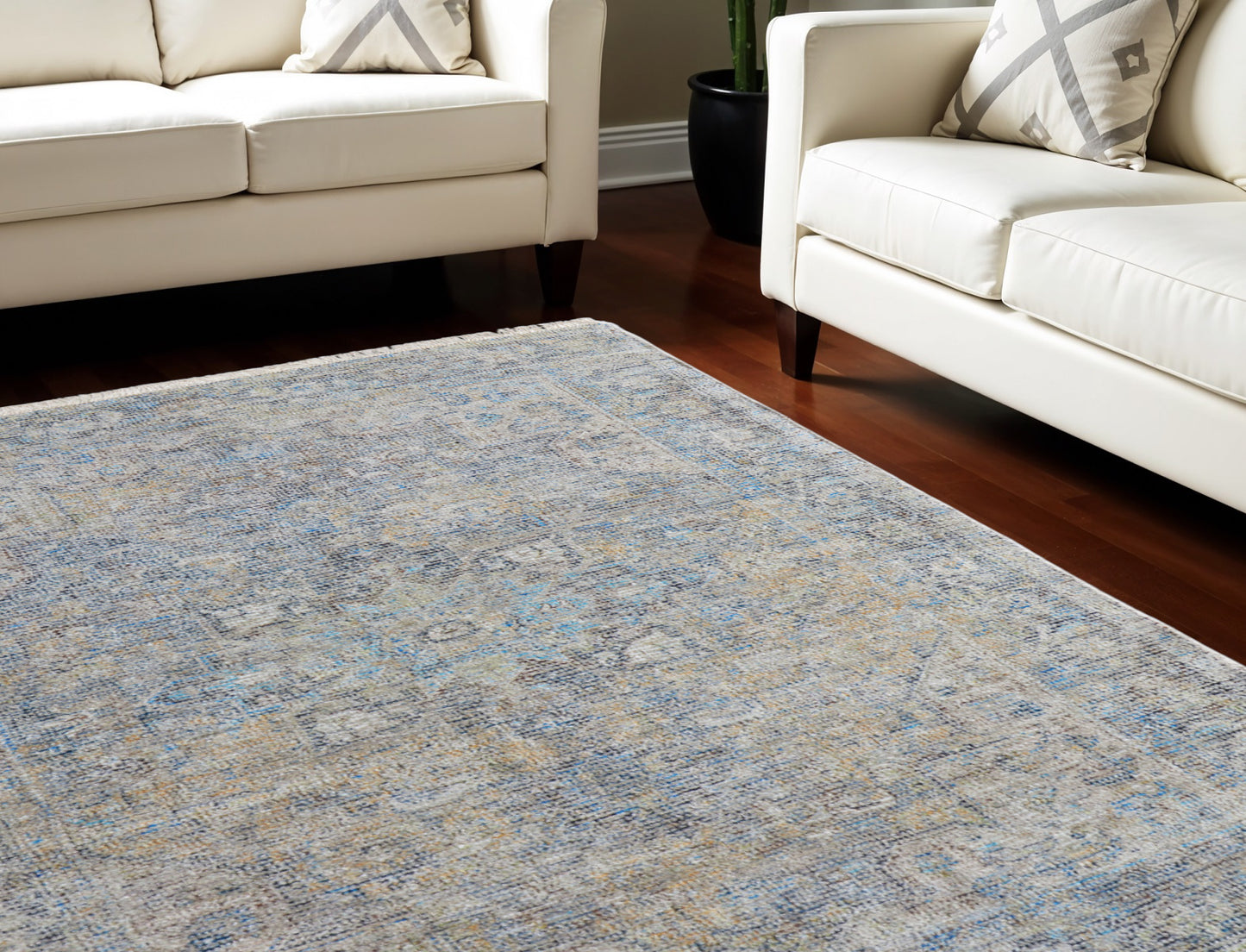 10' X 14' Gray Blue and Tan Abstract Hand Woven Distressed Area Rug With Fringe