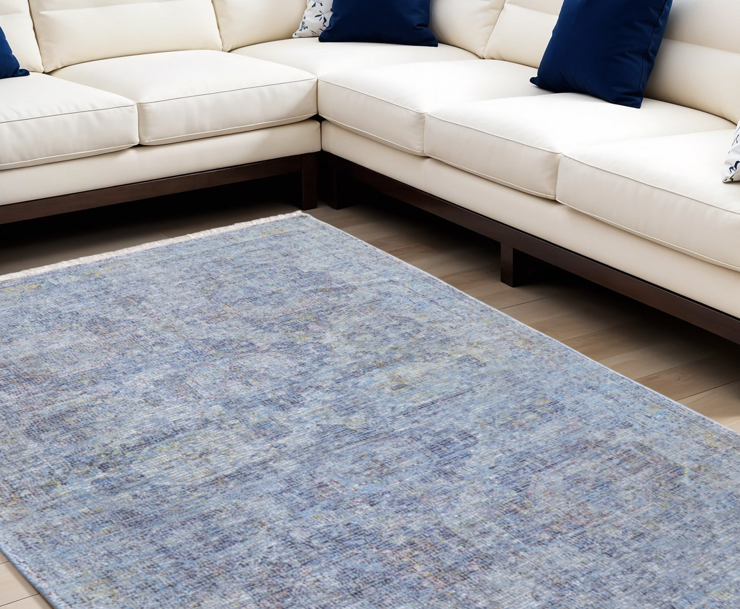 10' X 14' Blue and Ivory Abstract Hand Woven Distressed Area Rug With Fringe