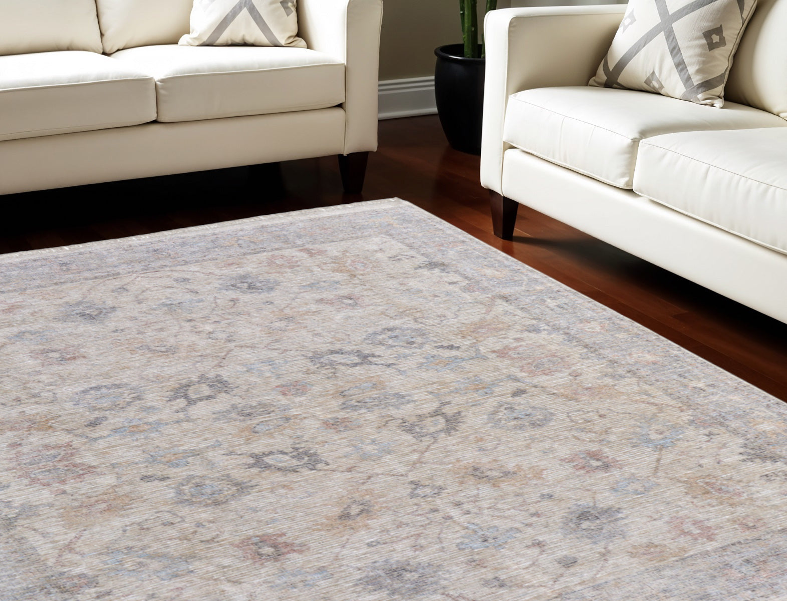 9' X 12' Ivory Tan and Blue Floral Hand Woven Distressed Area Rug With Fringe