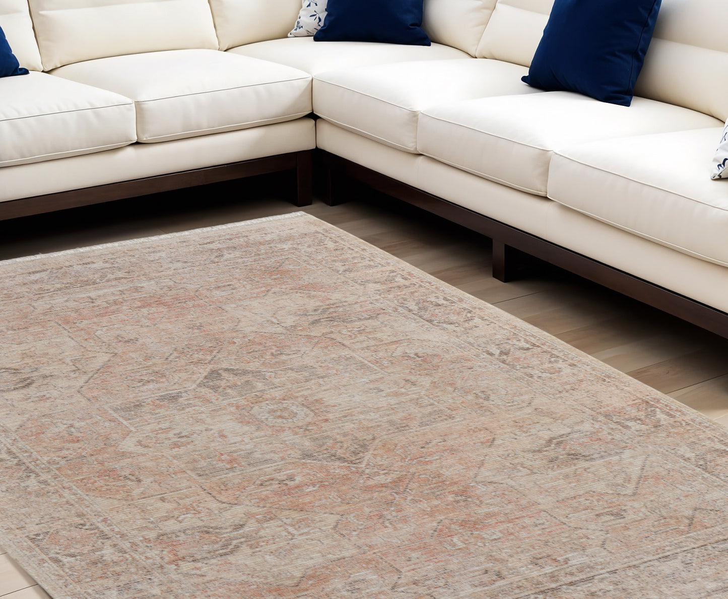 9' X 12' Tan Orange and Ivory Oriental Hand Woven Distressed Area Rug With Fringe