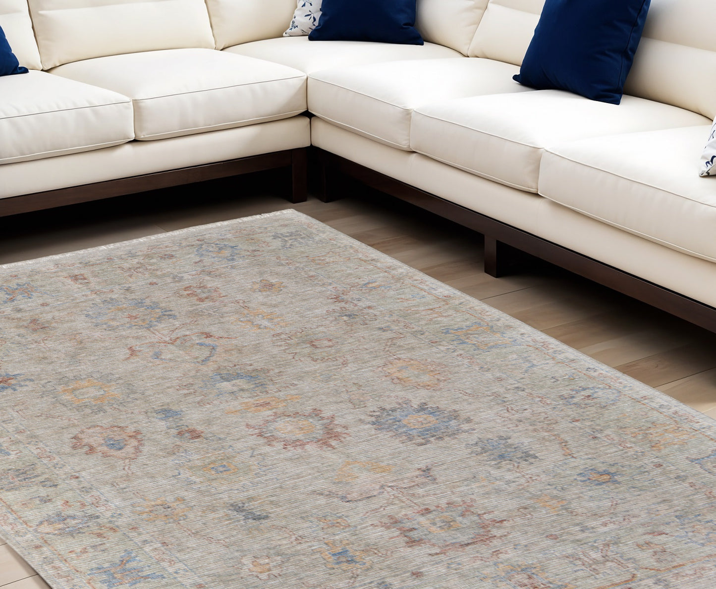 9' X 12' Tan Brown and Blue Floral Hand Woven Distressed Area Rug With Fringe