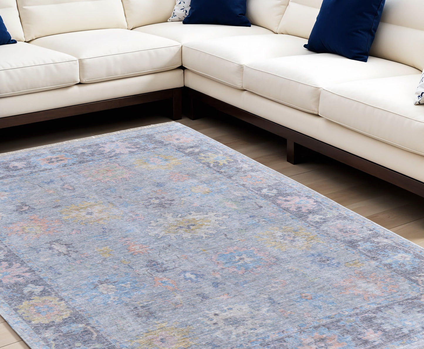 9' X 12' Orange Blue and Gold Floral Hand Woven Distressed Area Rug With Fringe