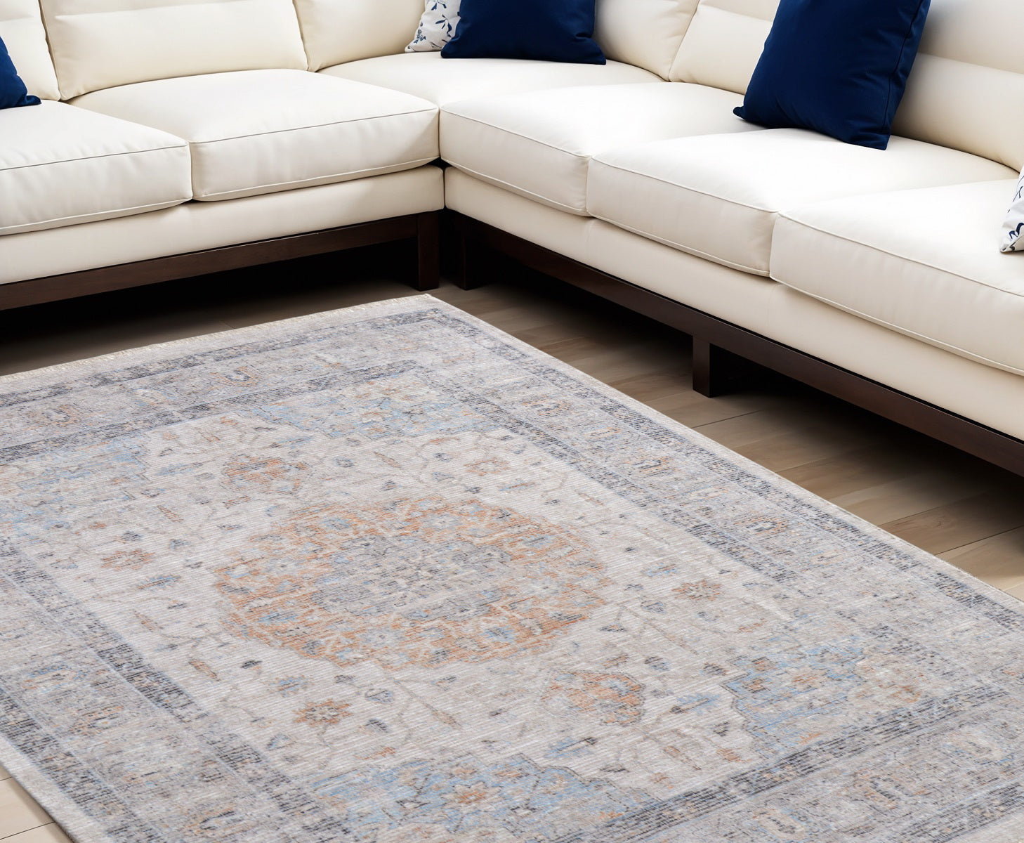 10' X 14' Ivory Blue and Orange Oriental Hand Woven Distressed Area Rug With Fringe