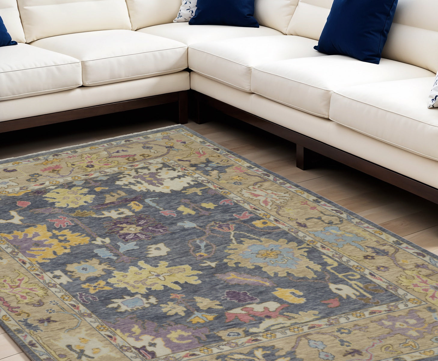 12' X 15' Gold Blue and Purple Wool Oriental Hand Knotted Area Rug With Fringe
