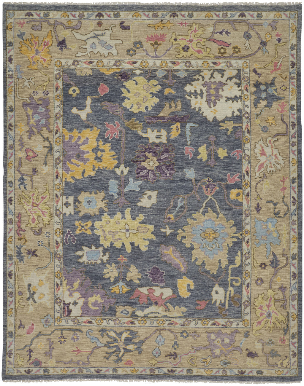 12' X 15' Gold Blue and Purple Wool Oriental Hand Knotted Area Rug With Fringe