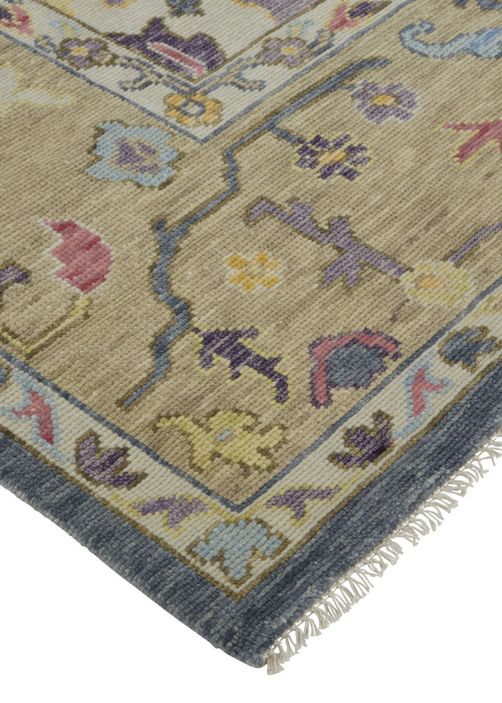12' X 15' Gold Blue and Purple Wool Oriental Hand Knotted Area Rug With Fringe
