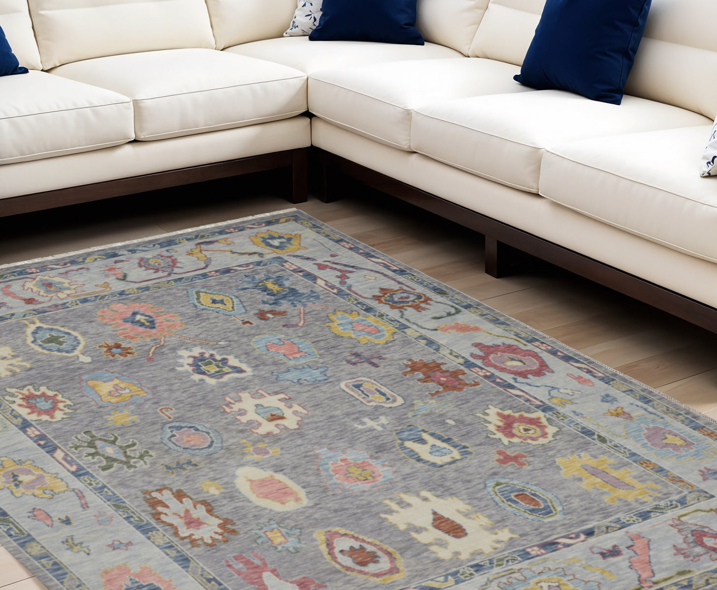 6' X 9' Gray Blue and Red Wool Oriental Hand Knotted Area Rug With Fringe