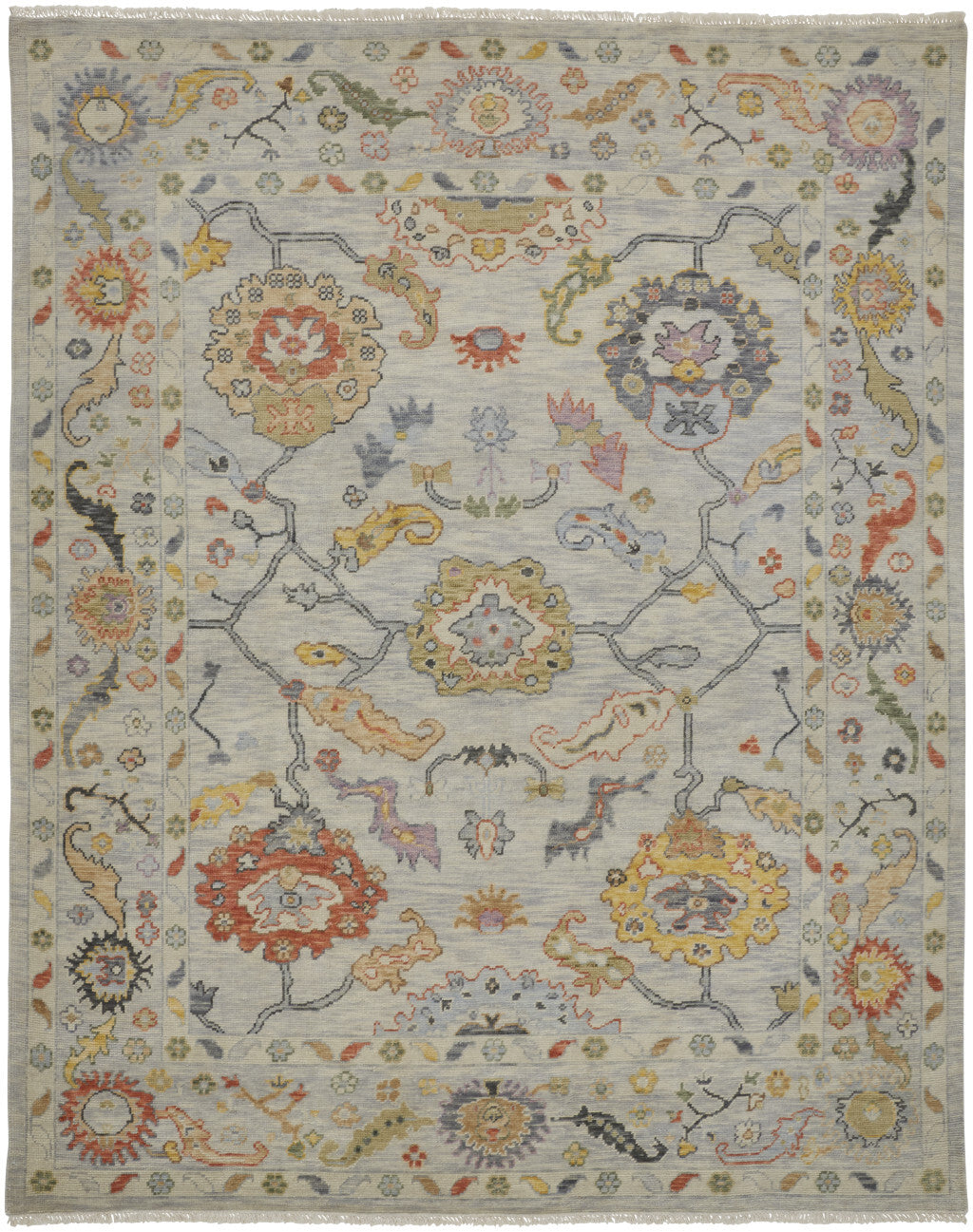 12' X 15' Gray Red and Yellow Wool Oriental Hand Knotted Area Rug With Fringe