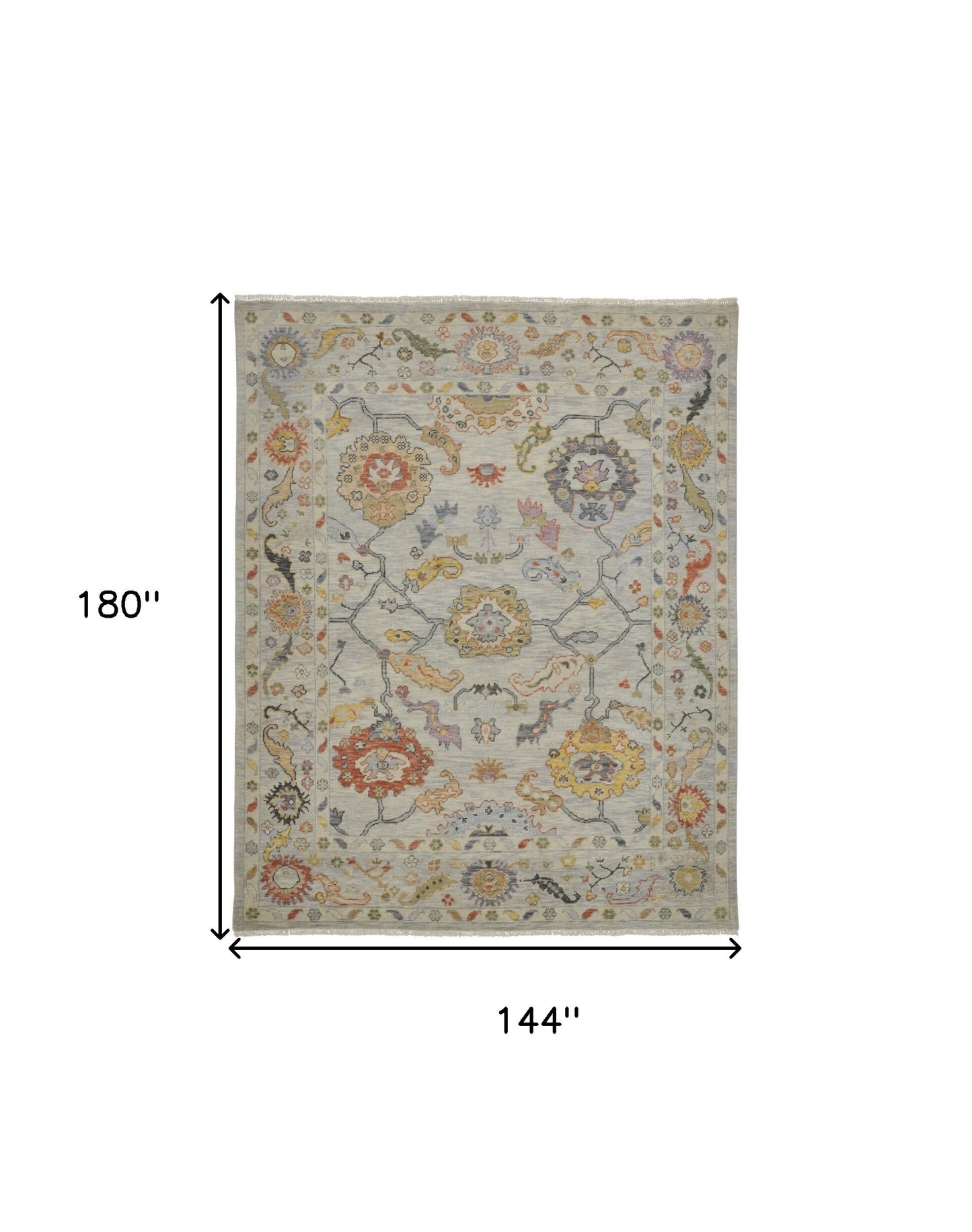 12' X 15' Gray Red and Yellow Wool Oriental Hand Knotted Area Rug With Fringe