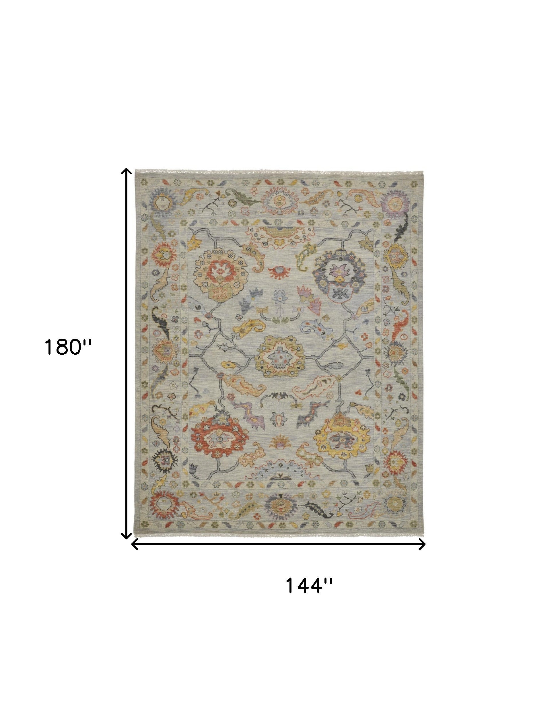 12' X 15' Gray Red and Yellow Wool Oriental Hand Knotted Area Rug With Fringe