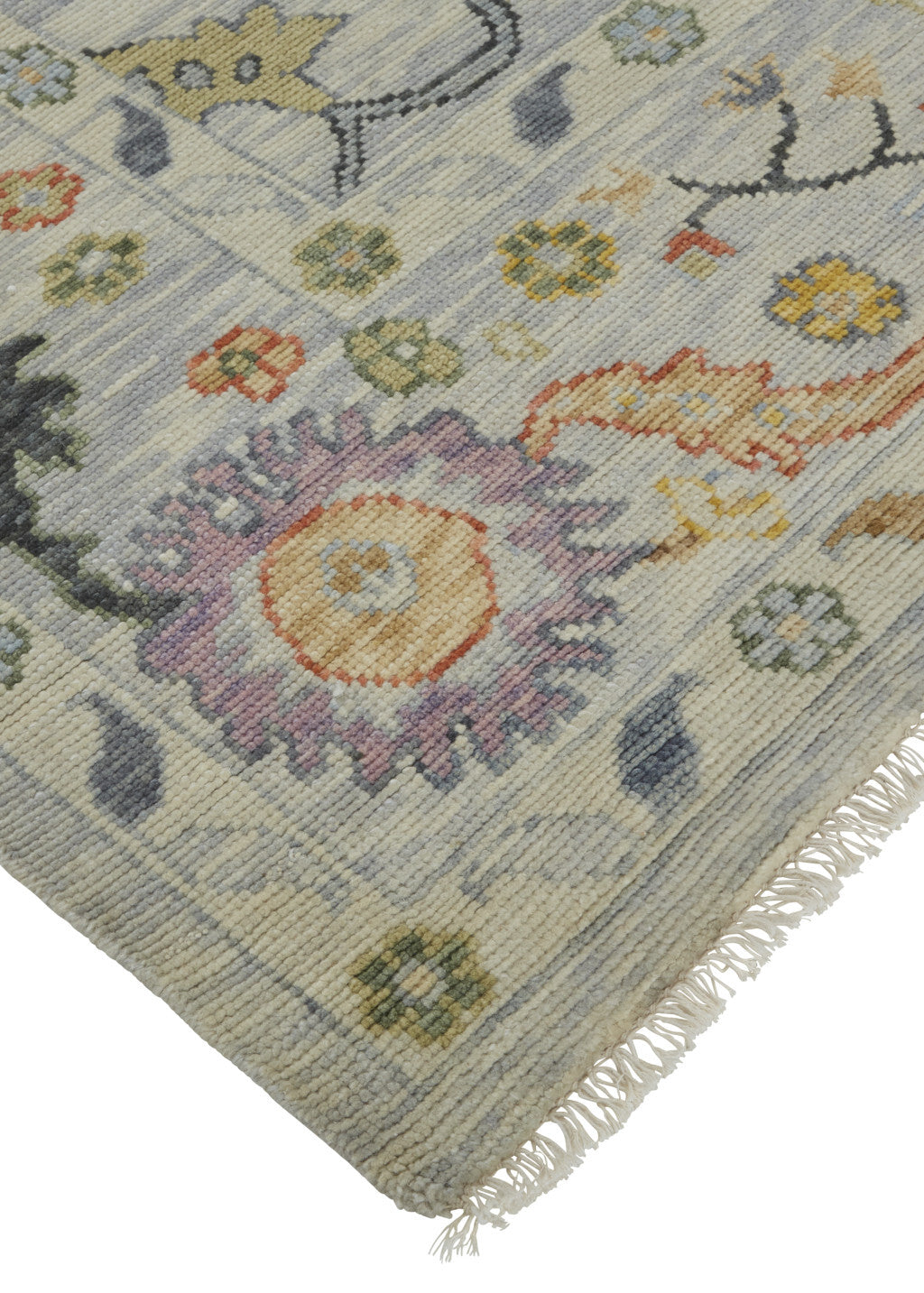 12' X 15' Gray Red and Yellow Wool Oriental Hand Knotted Area Rug With Fringe