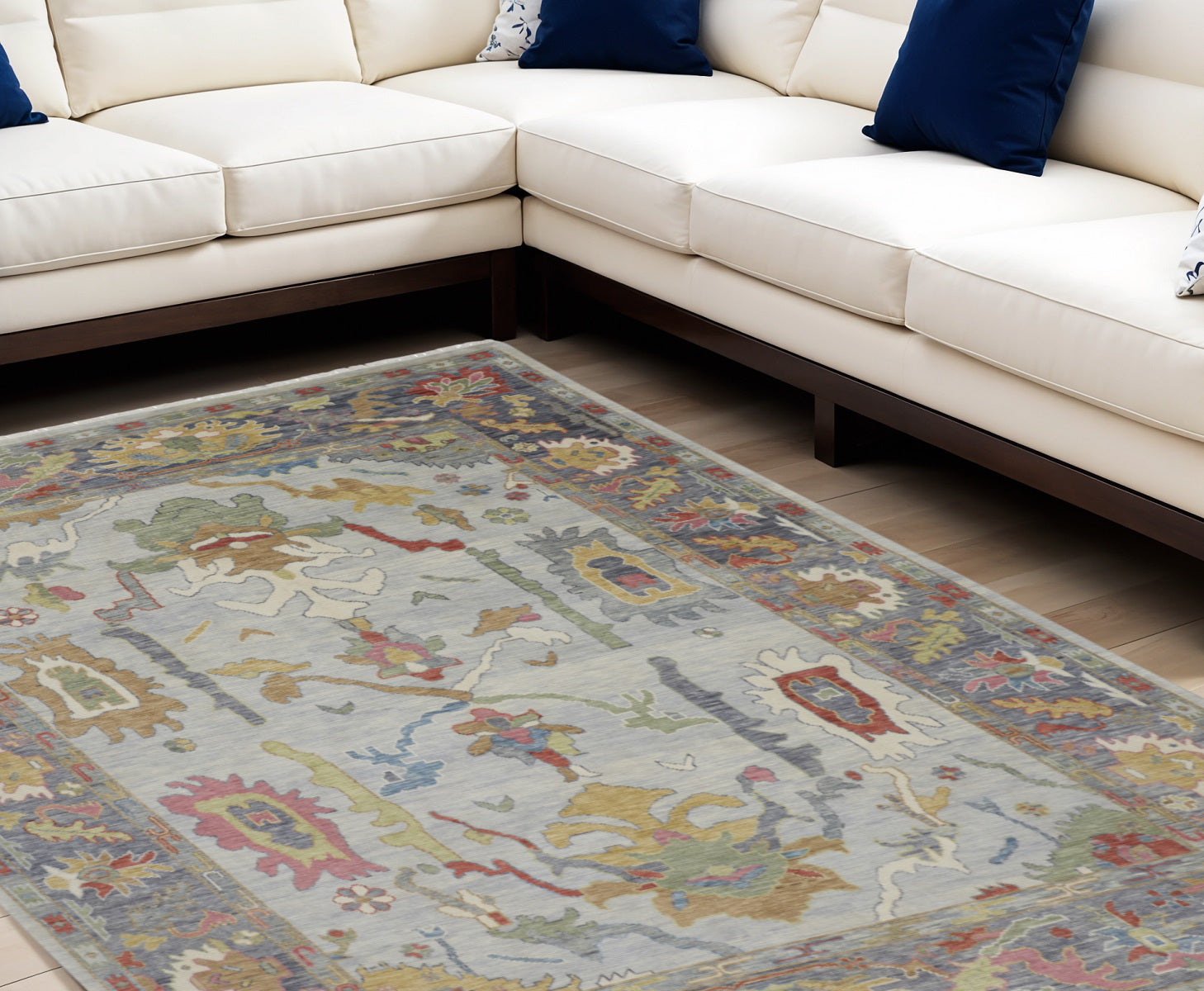 12' X 15' Gray Blue and Gold Wool Oriental Hand Knotted Area Rug With Fringe