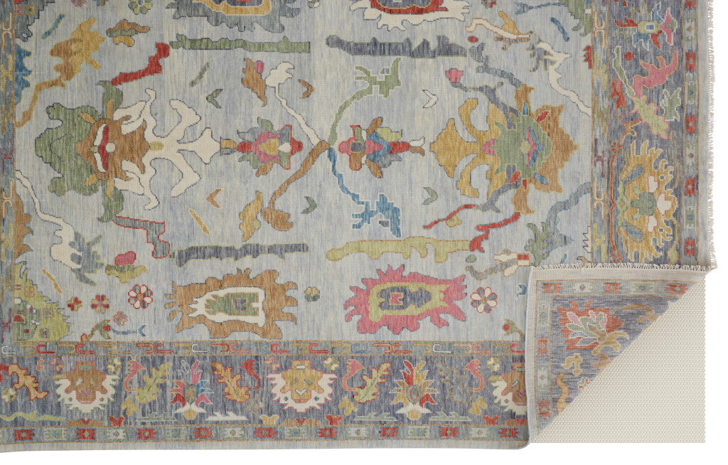 12' X 15' Gray Blue and Gold Wool Oriental Hand Knotted Area Rug With Fringe
