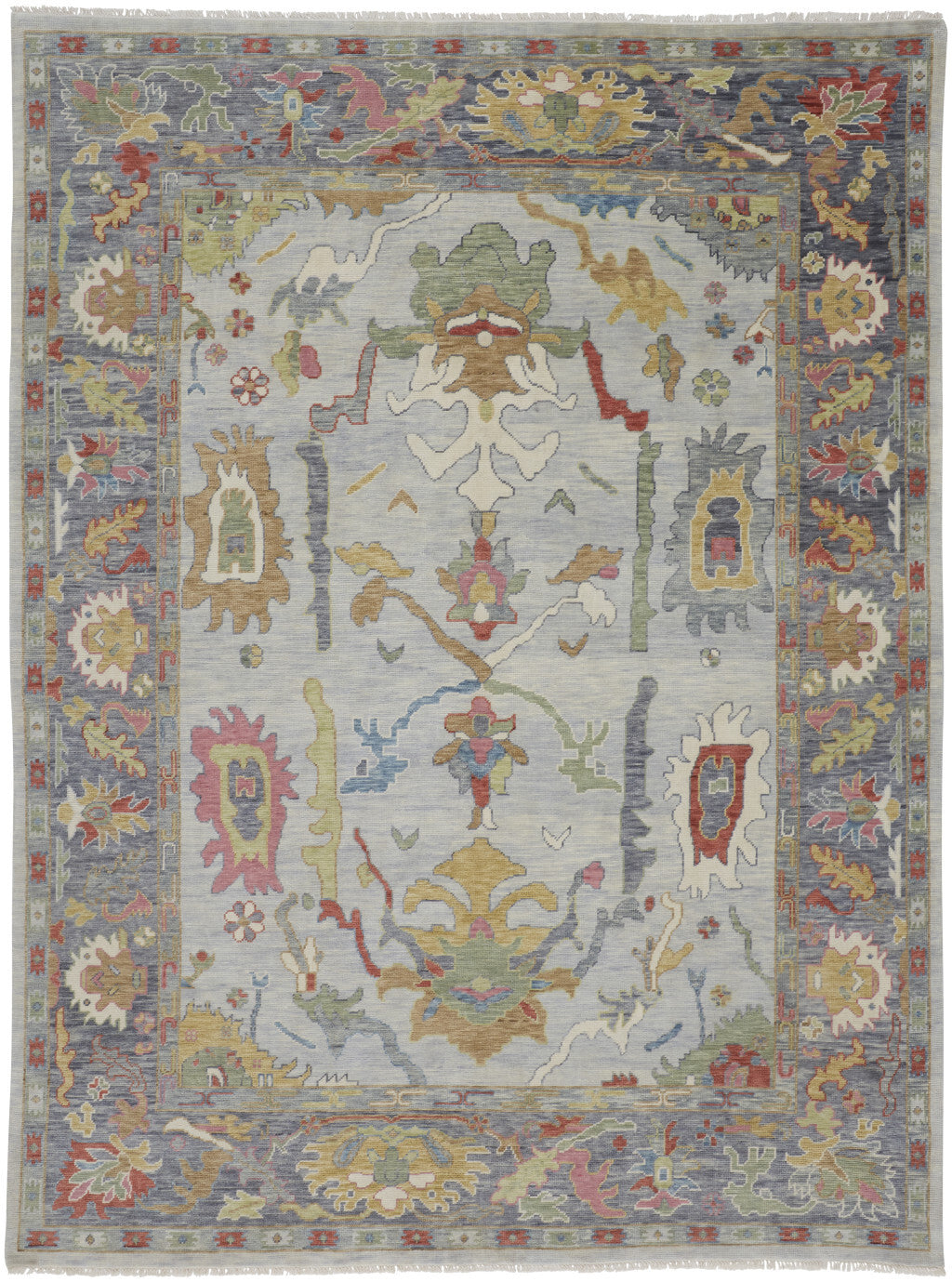 12' X 15' Gray Blue and Gold Wool Oriental Hand Knotted Area Rug With Fringe