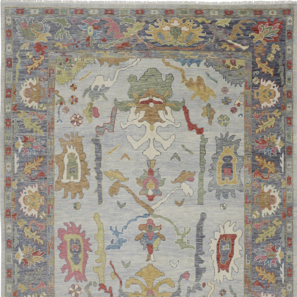 12' X 15' Gray Blue and Gold Wool Oriental Hand Knotted Area Rug With Fringe