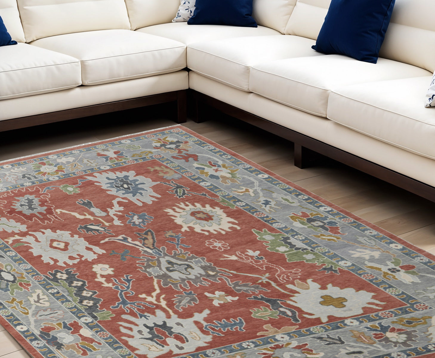 6' X 9' Gray Red and Ivory Wool Floral Hand Knotted Area Rug With Fringe