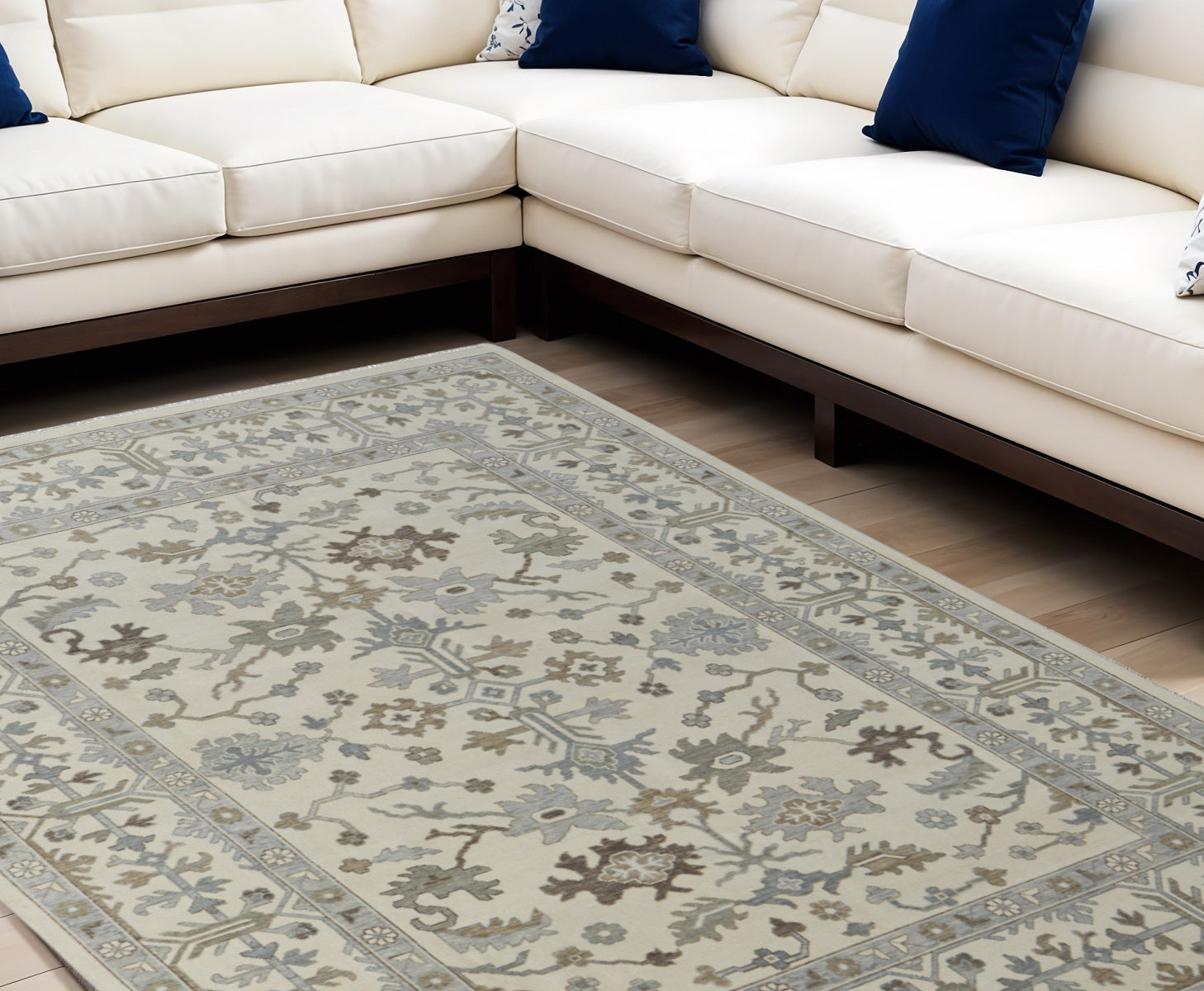 6' X 9' Ivory Gray and Brown Wool Floral Hand Knotted Area Rug With Fringe
