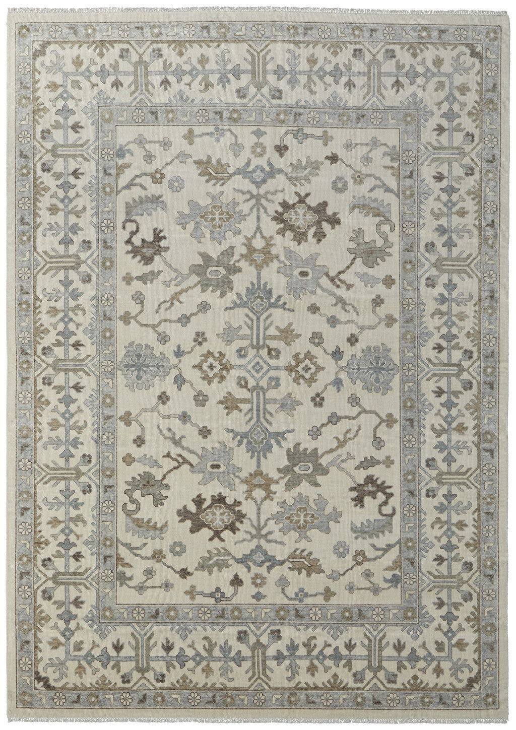8' X 10' Ivory Gray and Brown Wool Floral Hand Knotted Area Rug With Fringe