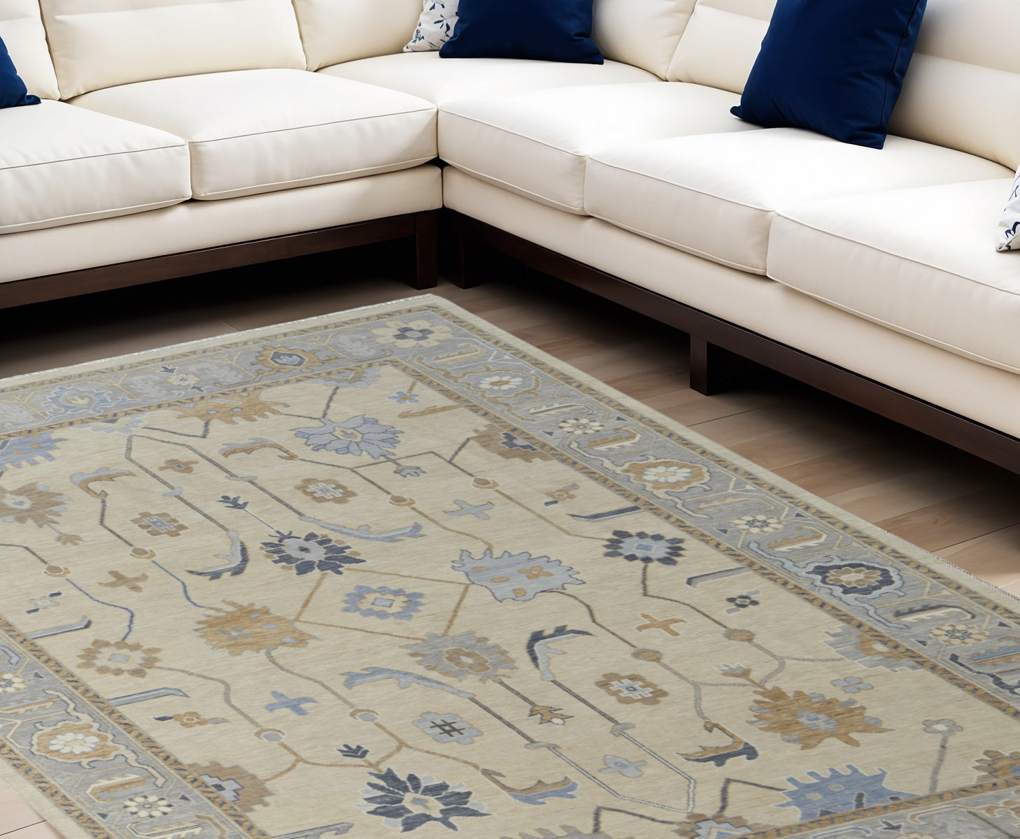 8' X 10' Gray Ivory and Blue Wool Floral Hand Knotted Area Rug With Fringe