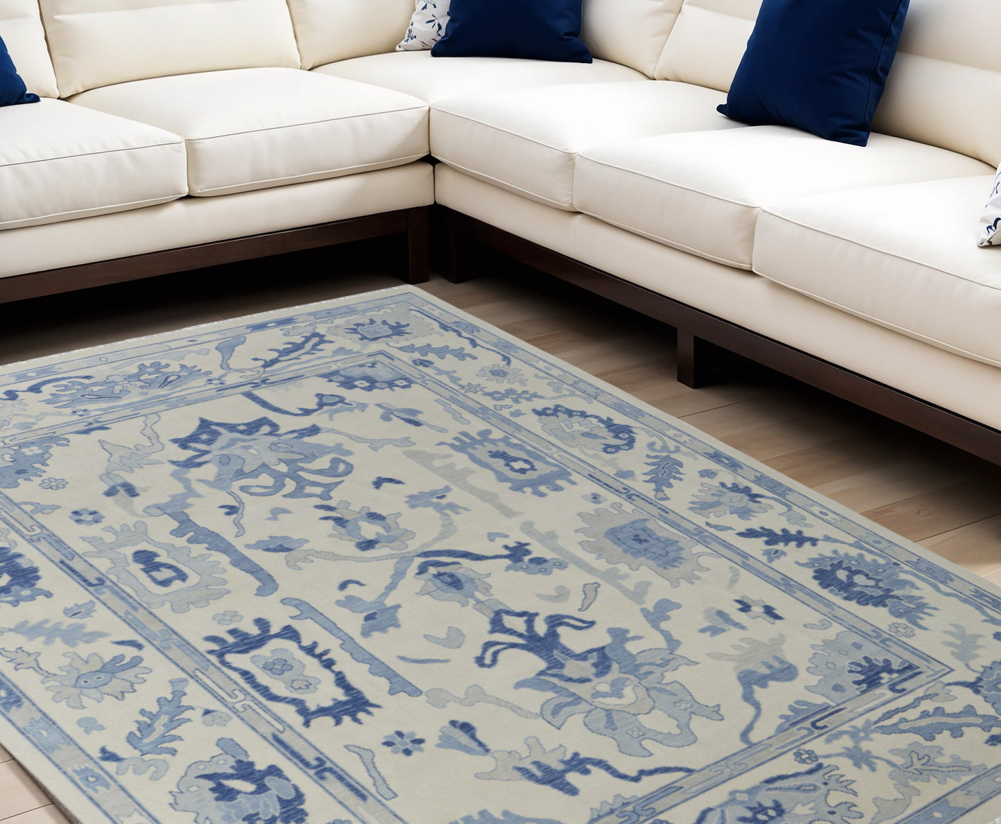 6' X 9' Ivory and Blue Wool Floral Hand Knotted Area Rug With Fringe