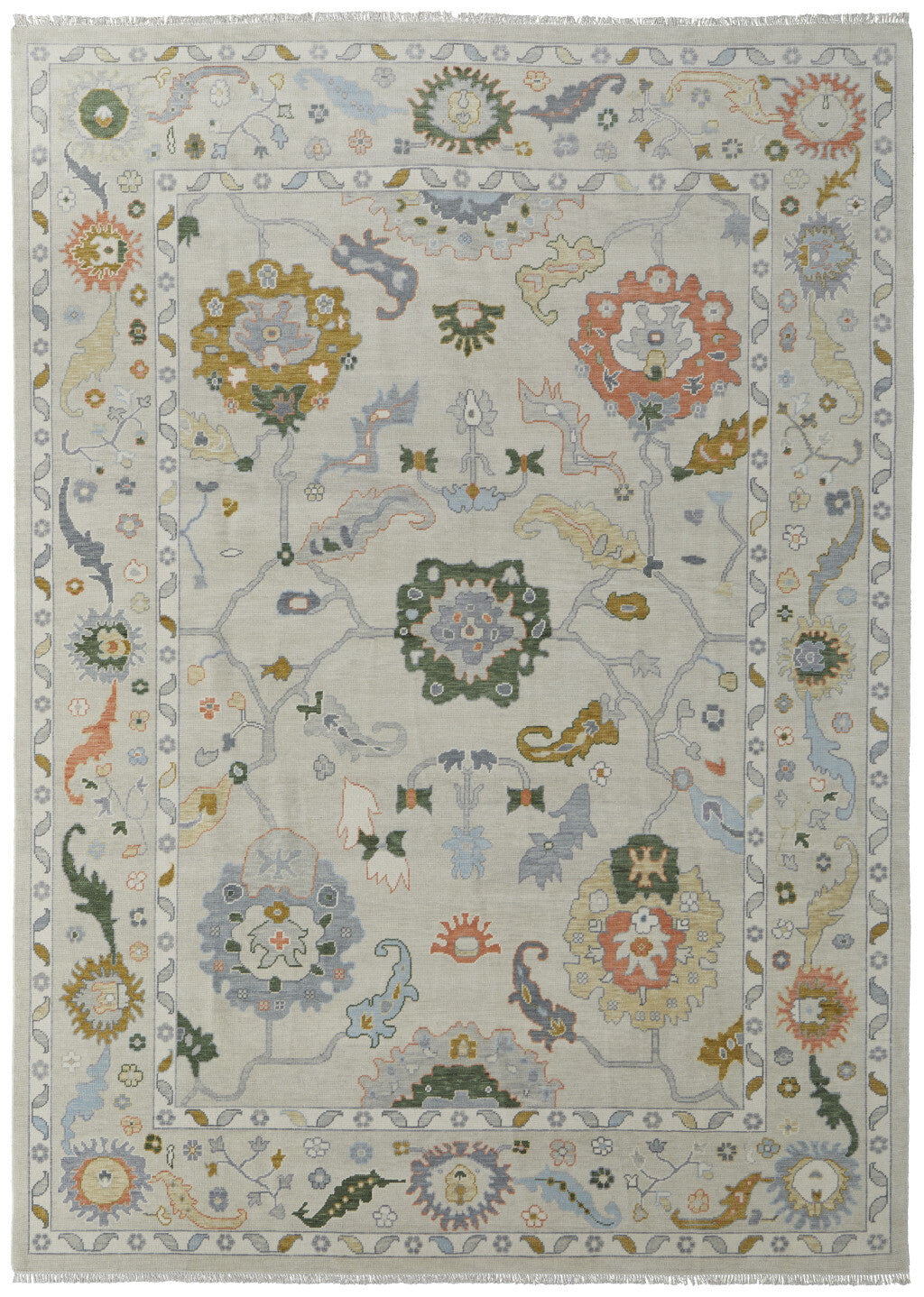 9' X 13' Gray Ivory and Gold Wool Floral Hand Knotted Area Rug With Fringe