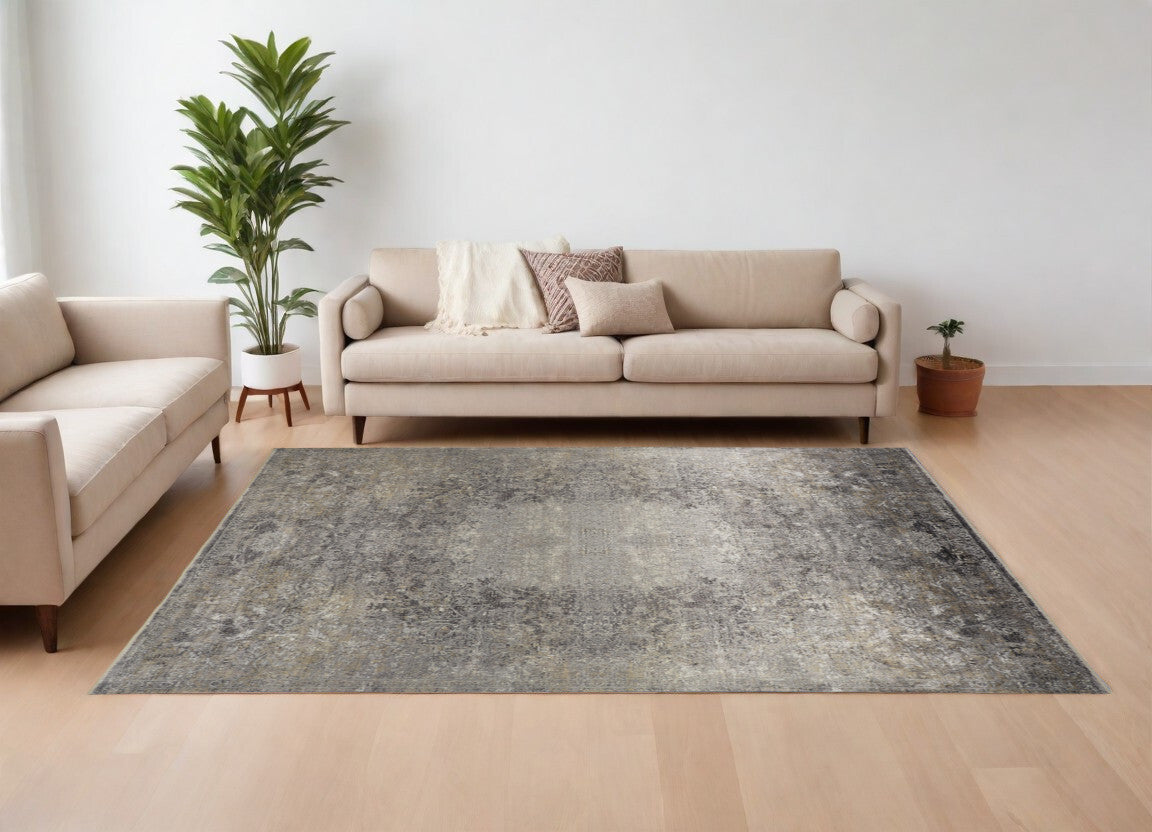 9' X 13' Tan and Gray Oriental Power Loom Worn Faded Area Rug