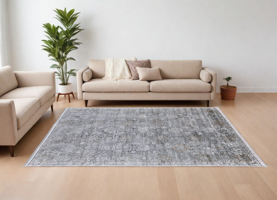 9' X 13' Gray and Silver Damask Power Loom Worn Faded Area Rug