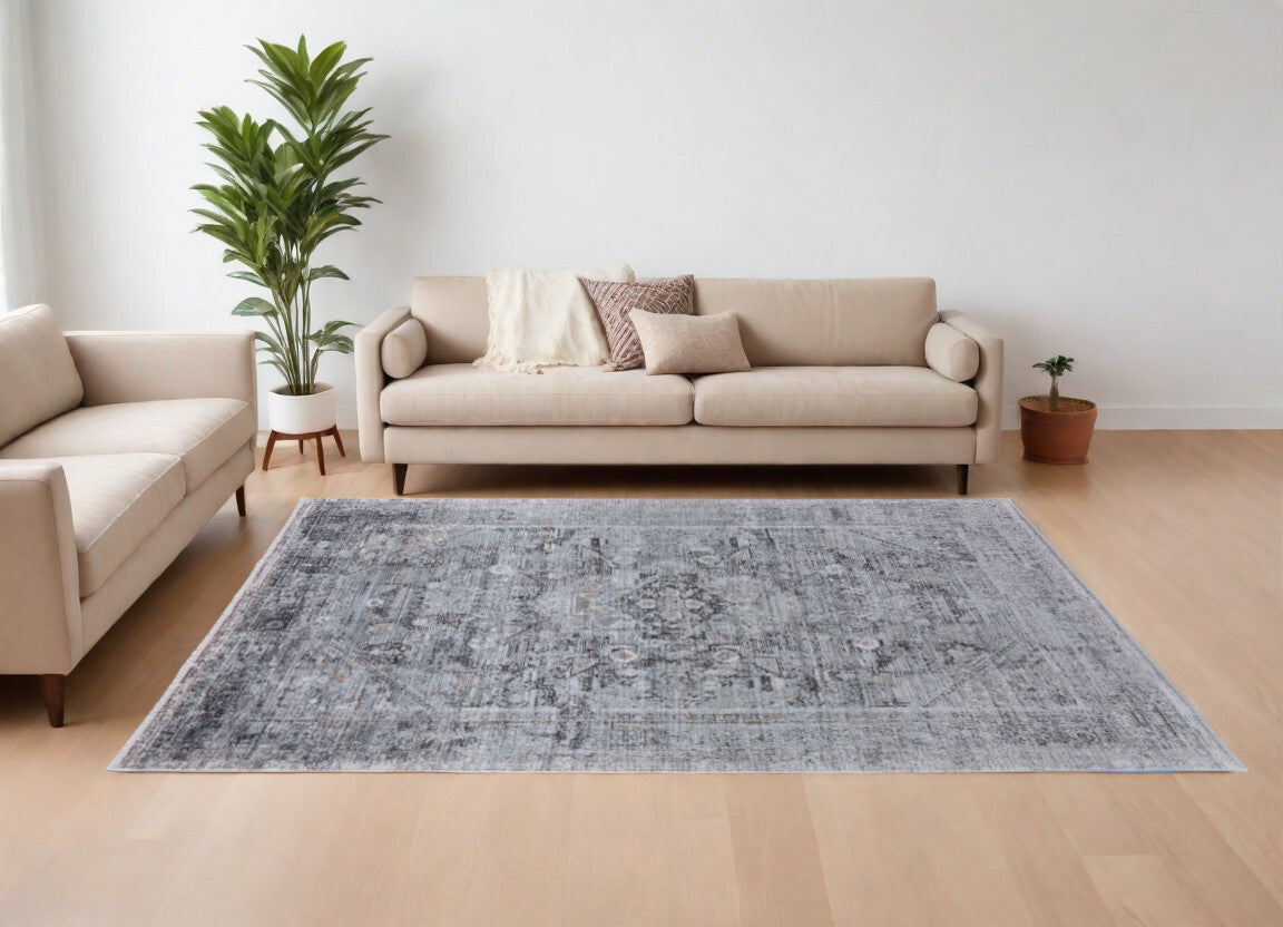 8' X 10' Gray and Silver Oriental Power Loom Worn Faded Area Rug