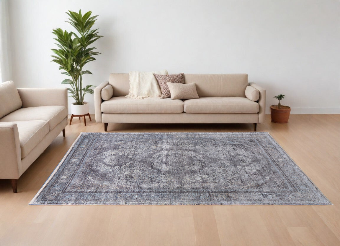 12' X 15' Gray and Silver Oriental Power Loom Worn Faded Area Rug