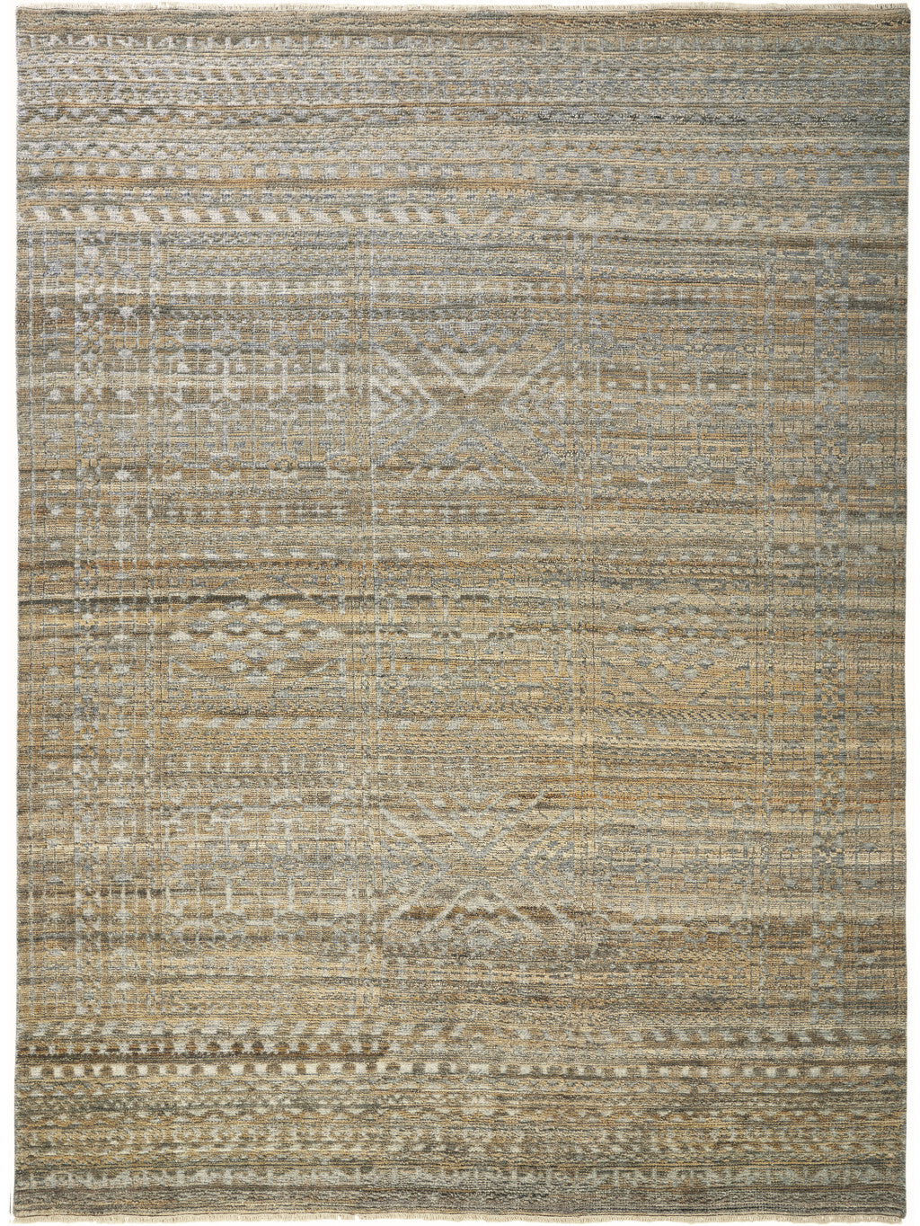 6' X 9' Gold and Tan Geometric Hand Knotted Worn Faded Area Rug