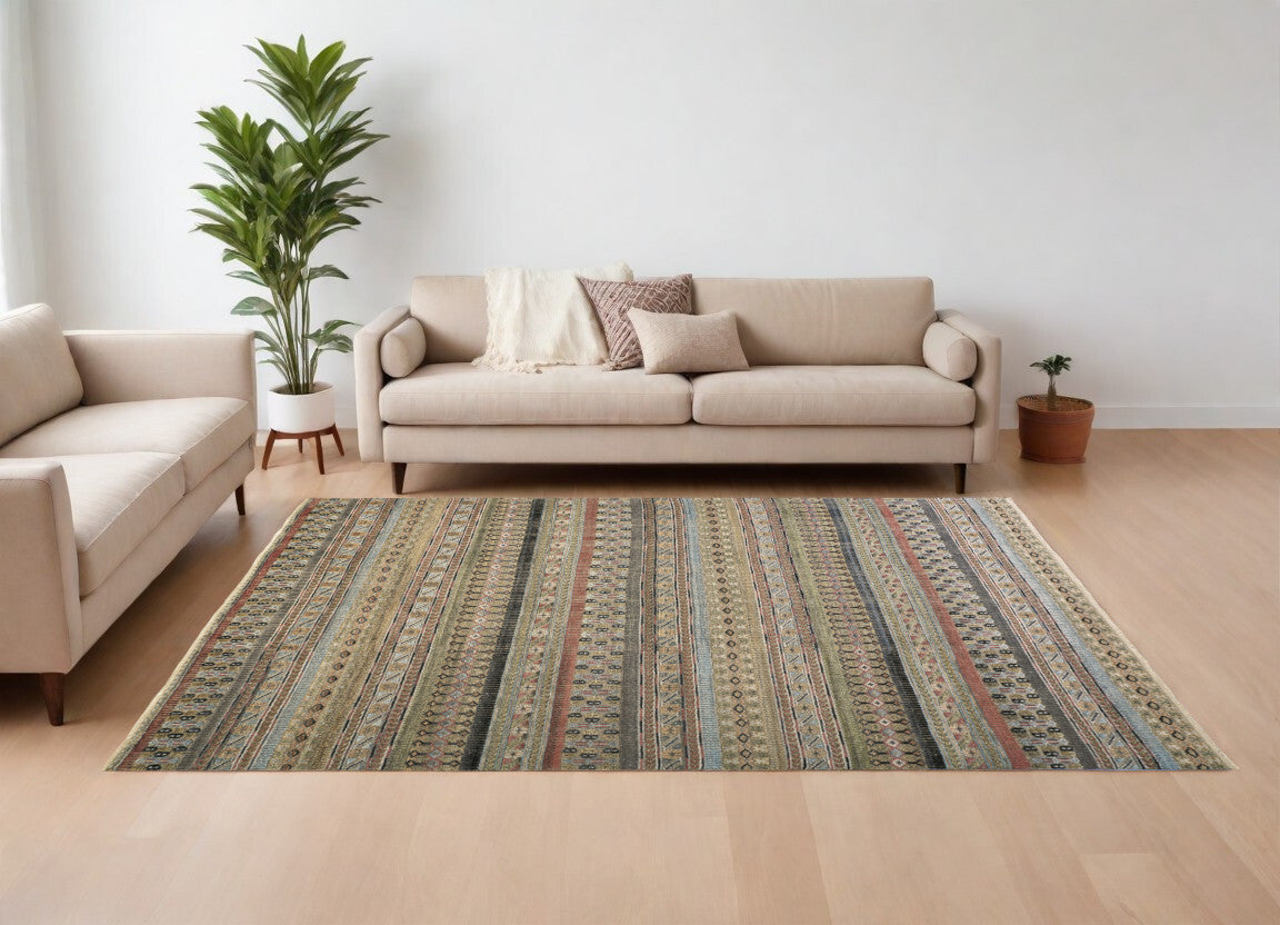 6' X 9' Tan Blue and Orange Striped Hand Knotted Area Rug