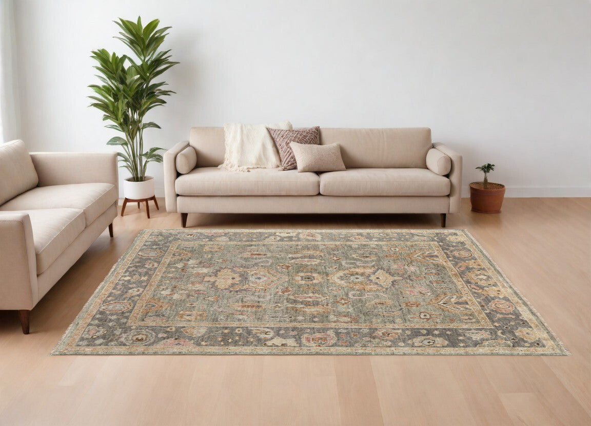 8' X 10' Gray and Gold Wool Oriental Hand Knotted Area Rug With Fringe
