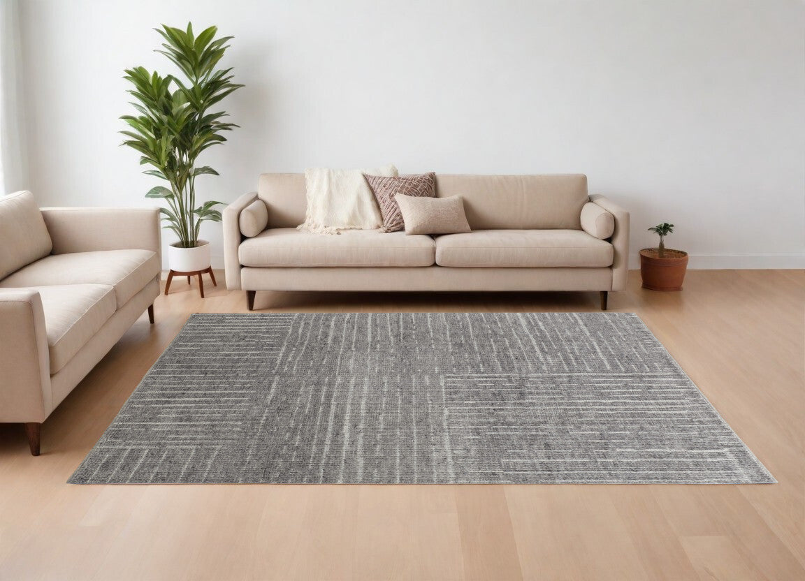 12' X 15' Gray and Ivory Wool Checkered Hand Knotted Worn Faded Area Rug
