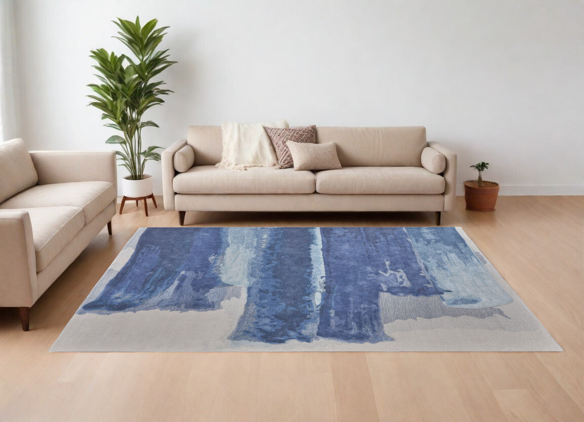 12' X 15' Blue and Ivory Abstract Hand Tufted Area Rug