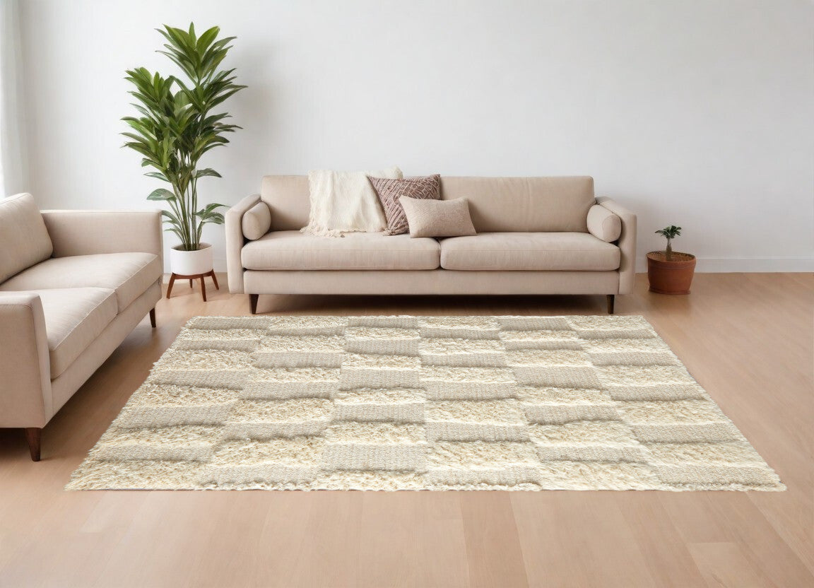 8' X 10' Ivory Wool Geometric Hand Woven Area Rug