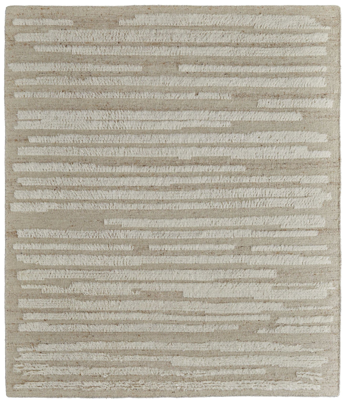 9' X 13' White and Tan Wool Striped Hand Woven Area Rug