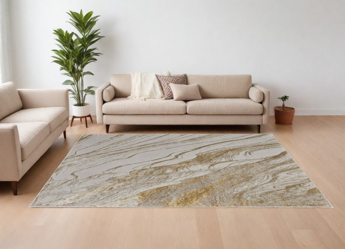 12' X 15' Ivory Brown and Gold Abstract Power Loom Area Rug