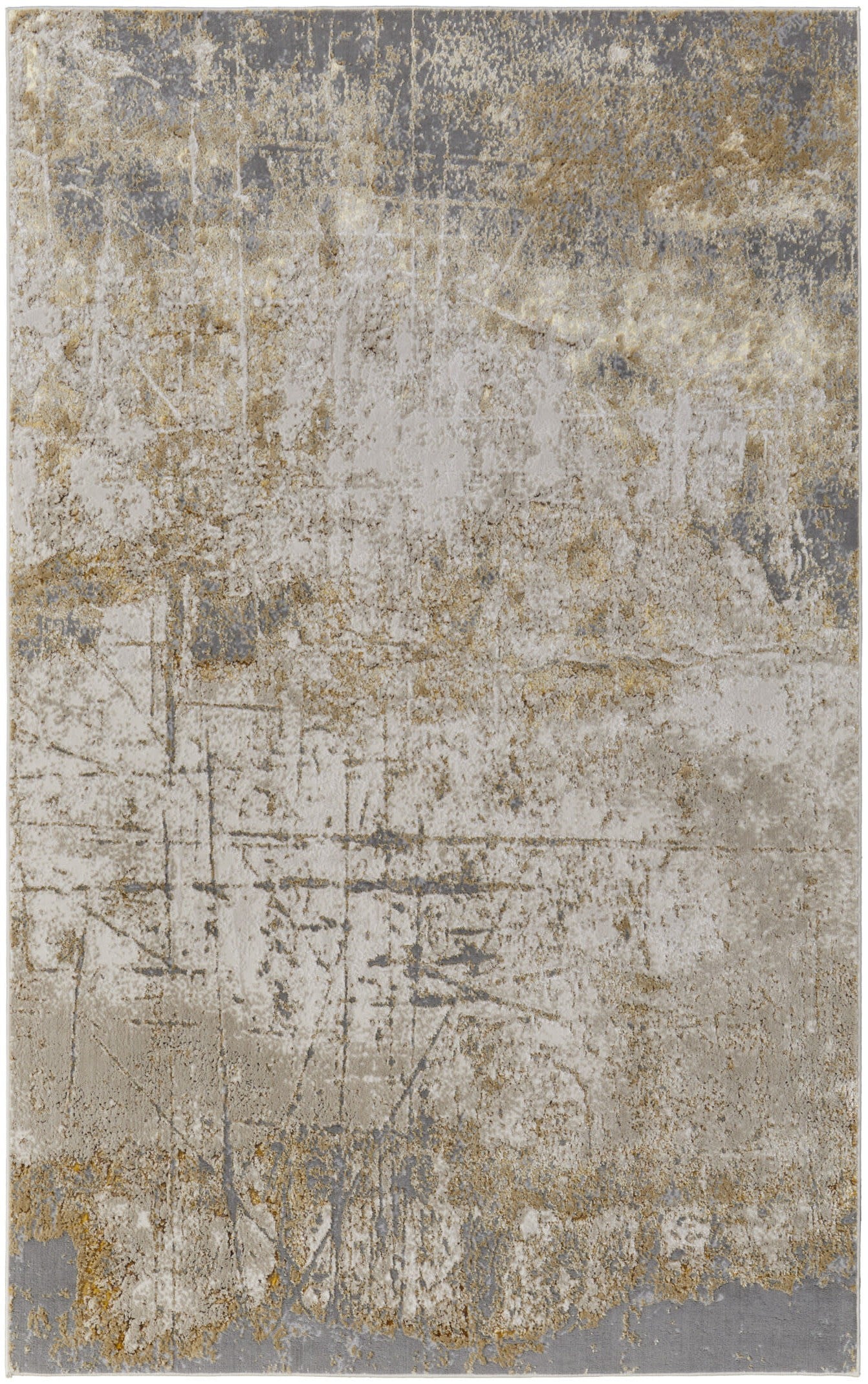 10' X 13' Ivory Gray and Brown Abstract Power Loom Worn Faded Area Rug