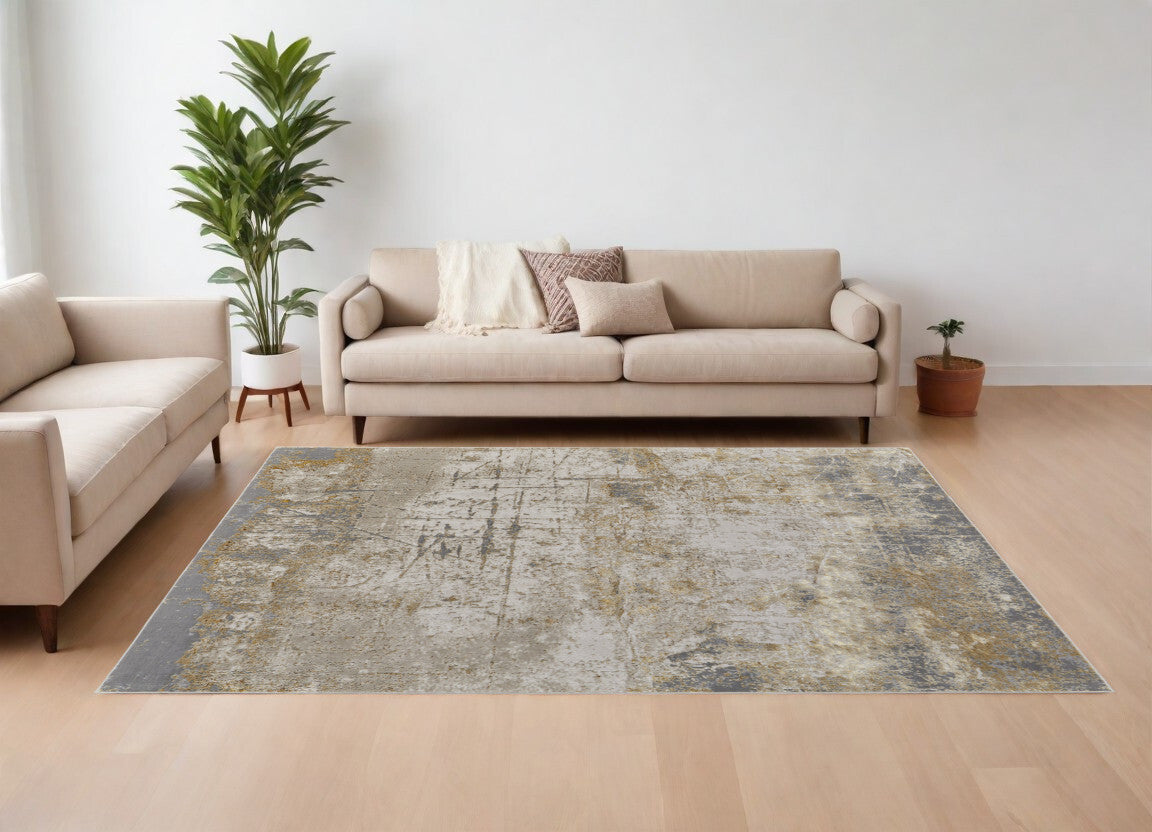 13' X 20' Ivory Gray and Brown Abstract Power Loom Worn Faded Area Rug