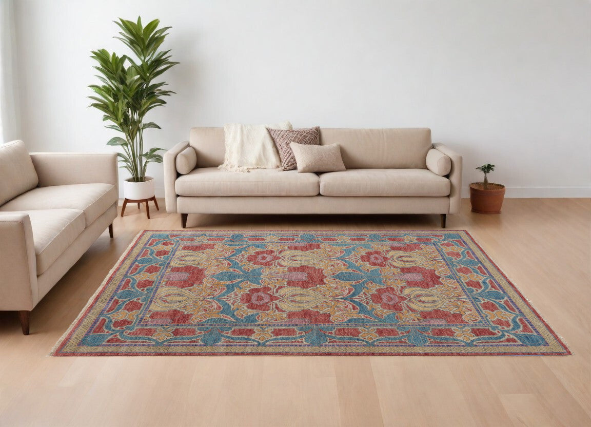 9' X 13' Blue Red and Yellow Wool Oriental Hand Knotted Area Rug