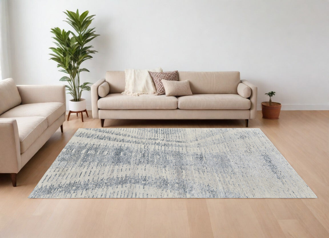 9' X 13' Ivory Gray and Blue Abstract Hand Knotted Worn Faded Area Rug