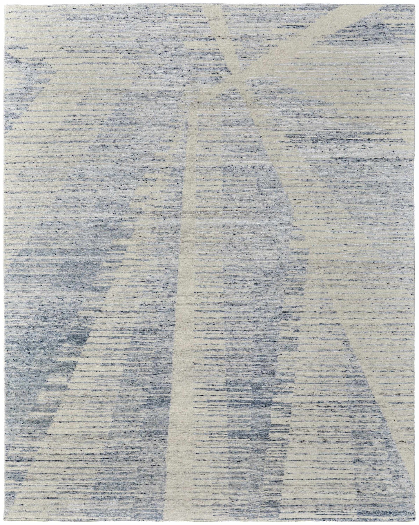 8' X 10' Ivory and Blue Abstract Hand Knotted Worn Faded Area Rug