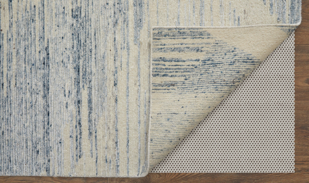 9' X 13' Ivory and Blue Abstract Hand Knotted Worn Faded Area Rug