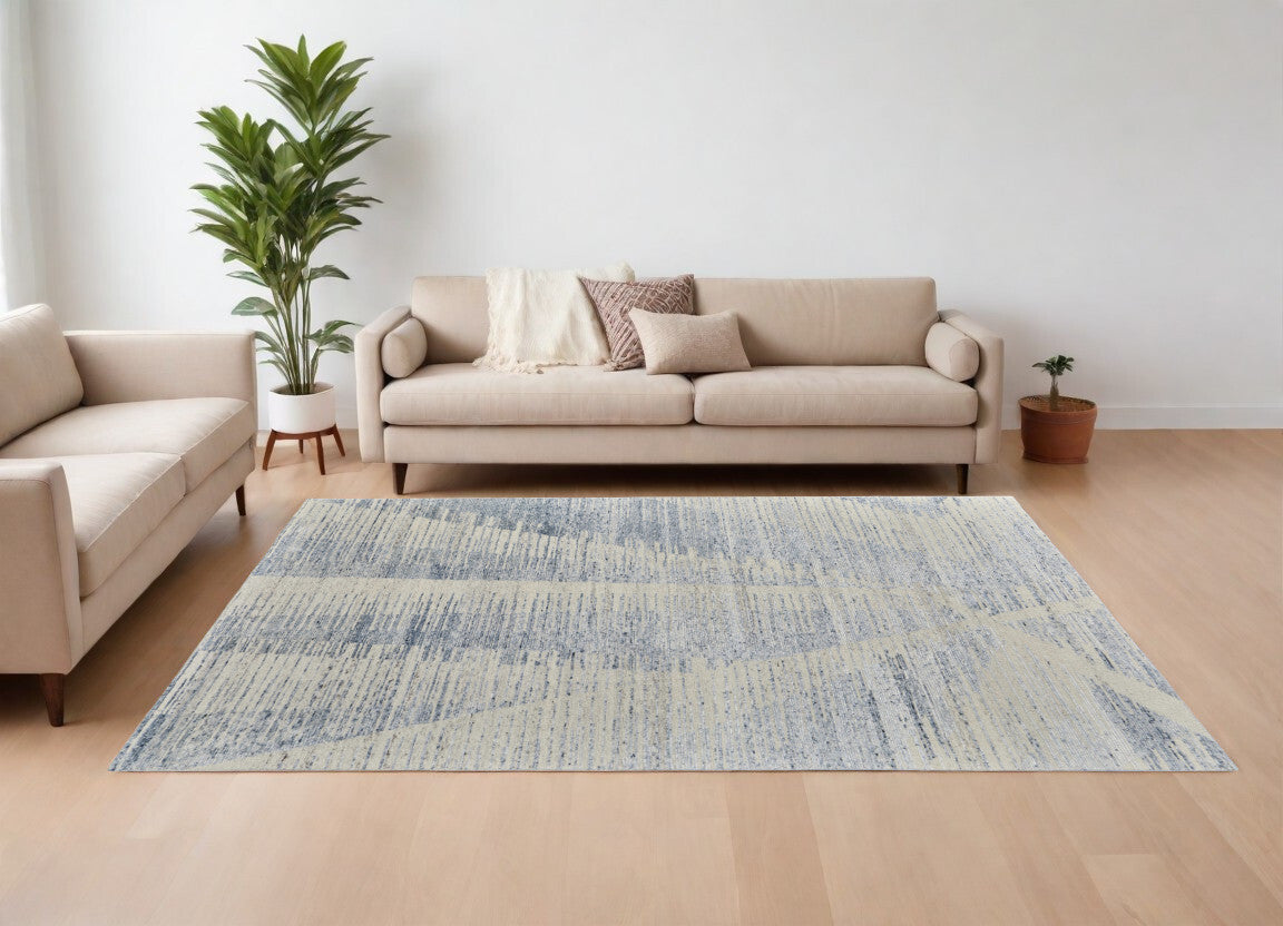 12' X 15' Ivory and Blue Abstract Hand Knotted Worn Faded Area Rug