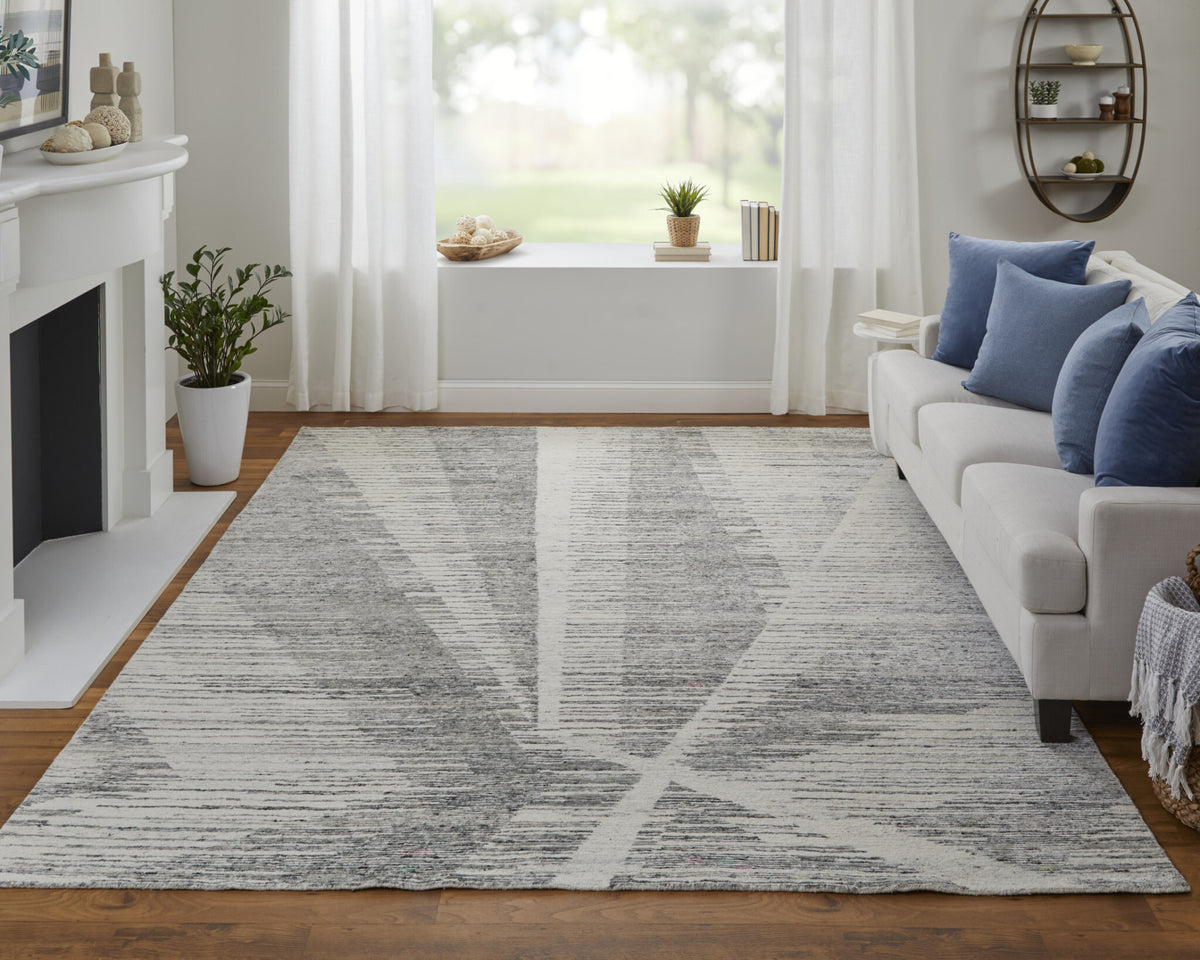 3' X 5' Ivory and Gray Abstract Hand Knotted Worn Faded Area Rug