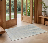 3' X 5' Ivory and Blue Abstract Hand Knotted Worn Faded Area Rug