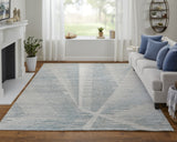 3' X 5' Ivory and Blue Abstract Hand Knotted Worn Faded Area Rug