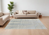 9' X 13' Ivory and Blue Abstract Hand Knotted Worn Faded Area Rug