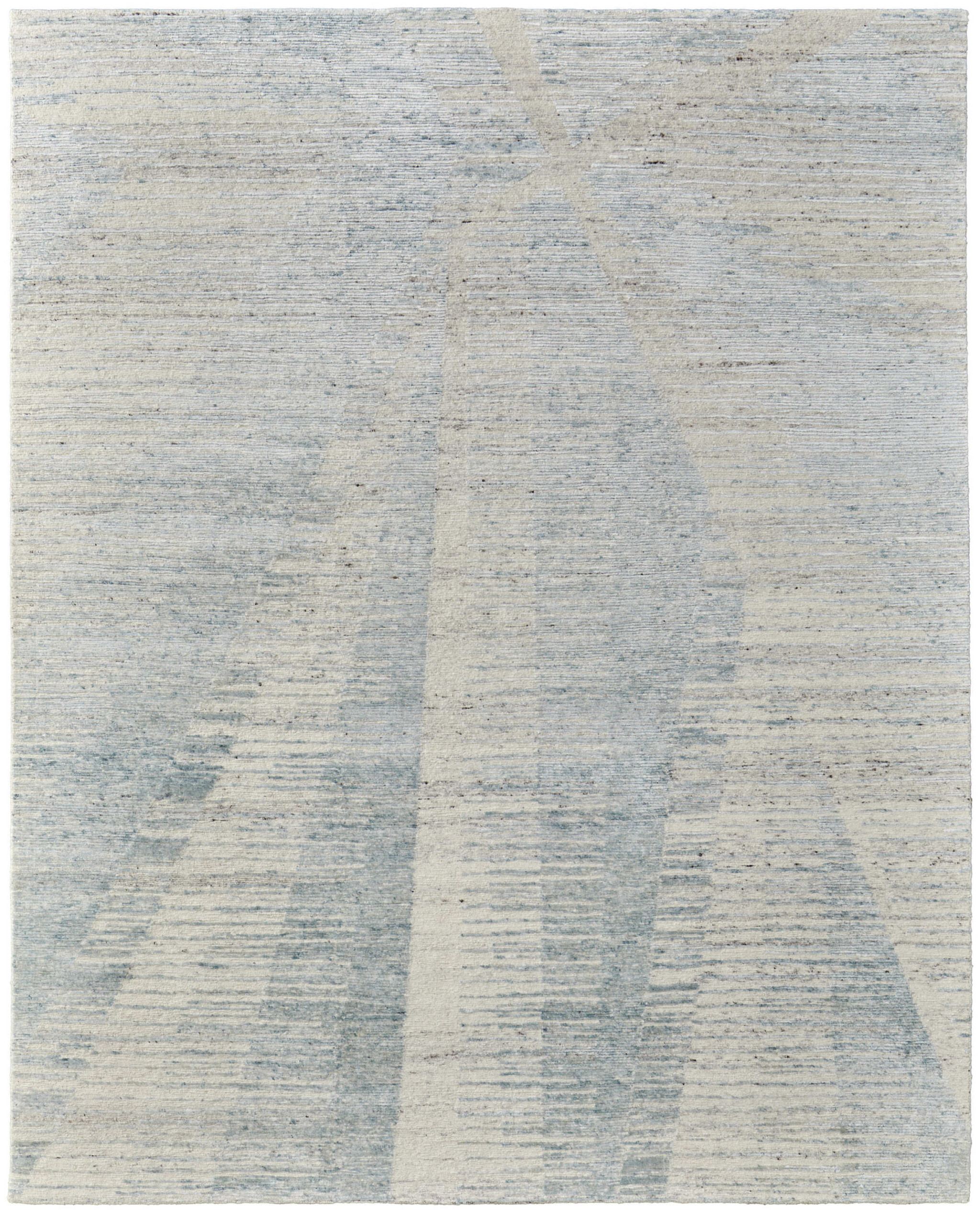 9' X 13' Ivory and Blue Abstract Hand Knotted Worn Faded Area Rug