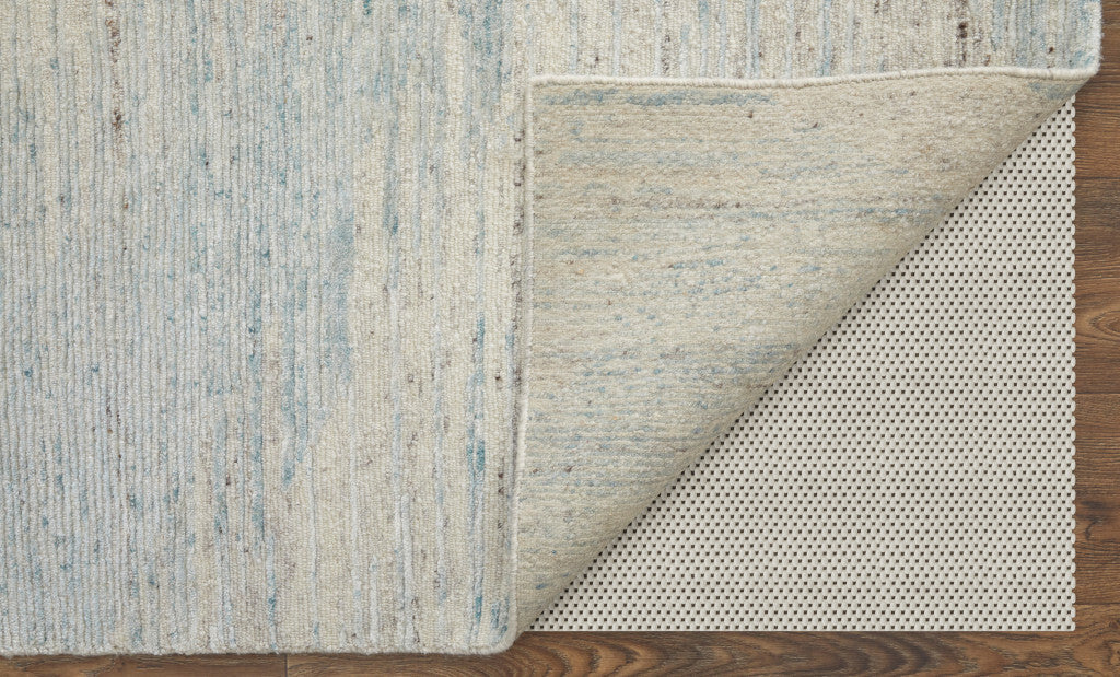 9' X 13' Ivory and Blue Abstract Hand Knotted Worn Faded Area Rug